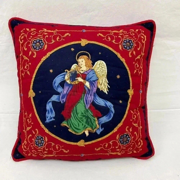 Christmas Accent Decorative Throw Pillow Angel Wings Harp Floral 15x15 - Picture 1 of 2